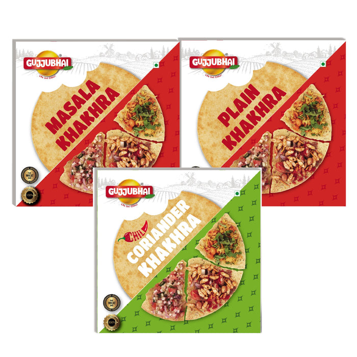 GujjuBhai Khakhra Combo – Plain, Masala & Chilli Coriander | Roasted Wheat Snacks | Gujarati Flavours | Healthy Tea-Time Snack | Pack of 3 (180g Each)