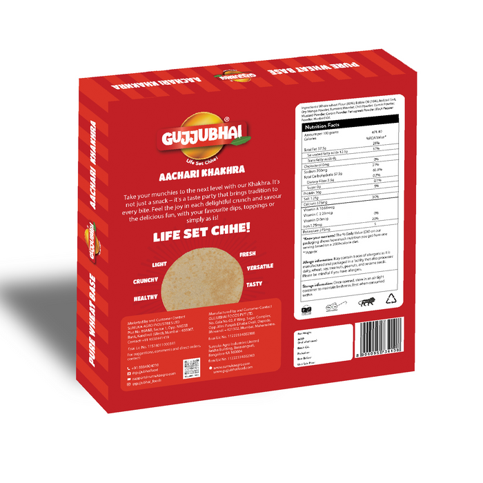 GujjuBhai Achaari Khakhra – Tangy Pickle Flavoured Roasted Snack | Gujarati-Style Crunch | Pack of 3 (180g Each)