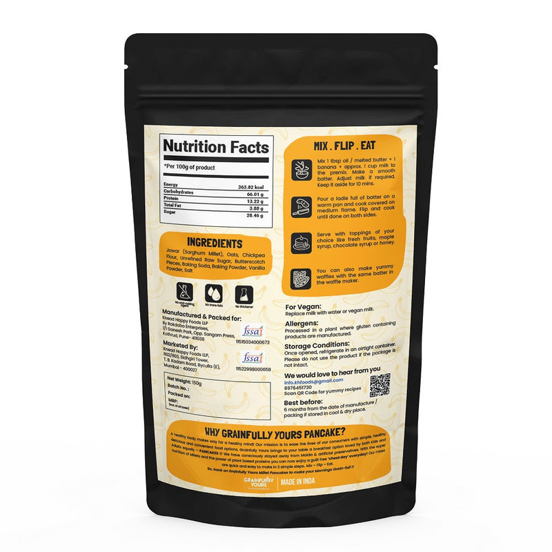 Beaming Banana Butterscotch - Millet Pancakes & Waffle Mix - No Maida, No Preservatives, Gluten Free, Vegan (150gm each)