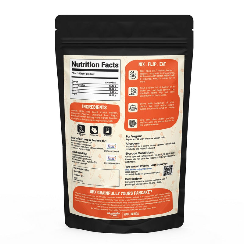 Classic Carrot Pumpkin - Millet Pancakes & Waffle Mix - No Maida, No Preservatives, Gluten Free, Vegan (150gm each)
