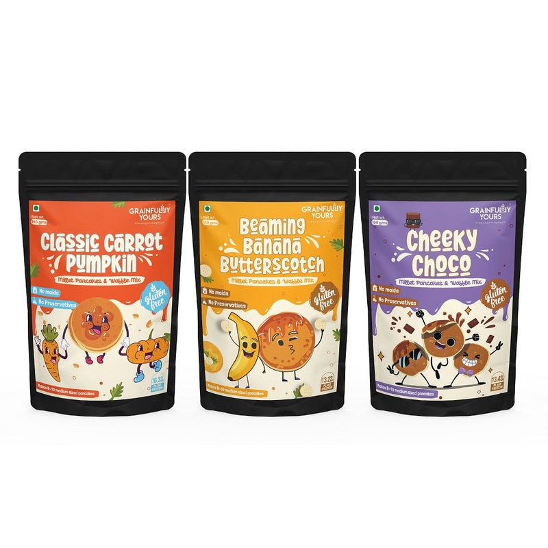 A Combo of all our Unique Millet Pancakes & Waffle Mix - No Maida, No Preservatives, Gluten Free, Vegan (Pack of 3, 150gm each)