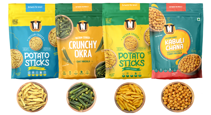 Combo Pack - Vacuum Cooked Vegetable Chips Potato Sticks with Curry & Herbs, Okra with Chat Masala, Kabuli Chana with Curry Masala, Potato Sticks with Salt & Pepper
