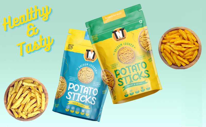 Combo Pack - Vacuum Cooked Vegetable Chips Potato Sticks with Curry & Herbs, Okra with Chat Masala, Kabuli Chana with Curry Masala, Potato Sticks with Salt & Pepper