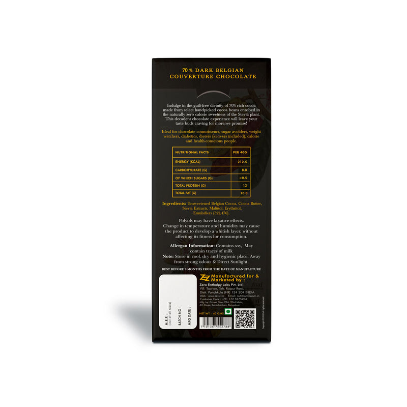 Zevic 70% Belgian Dark Chocolate With Stevia (No added sugar)