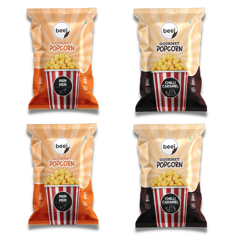 Beej Ready to Eat Gourmet Popcorn 2 Peri Peri 40gm each & 2 Chilli Caramel 50gm each (Combo of 4)
